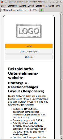 Prototyp C / Startseite bei 400px Breite (mit Media Query)